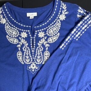 J Jill Women Blue Embroidered Tunic Top Size L 3/4 Sleeve Casual
